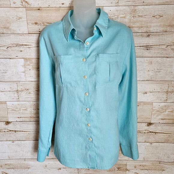 Investments Hemp Blouse Size 14 Gold Label Button Up Office Business Casual Blue - Picture 1 of 11